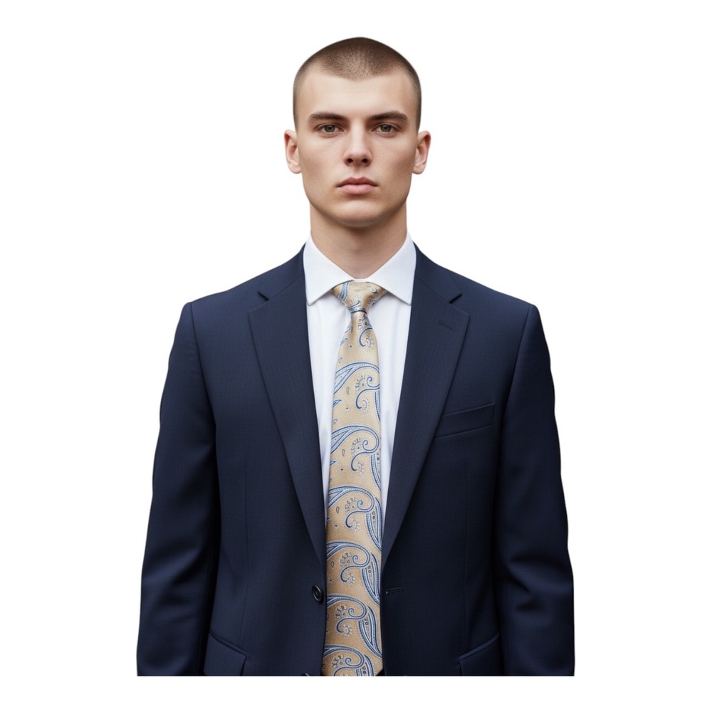 Croft & Barrow Mens Gold Blue Paisley 100% Silk Necktie Classic Formal Tie‎